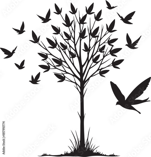 Black silhouette tree with flying birds and grass white