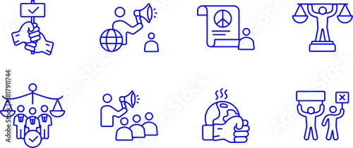 Human Rights and Social Justice Icons Set in Blue Outline Style