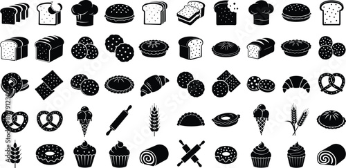 Assortment of bakery products and baking tools in silhouette form, perfect for food related packaging or menus