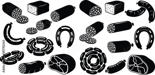 Assortment of deli meats and sausages including sliced salami and various whole links in silhouette style