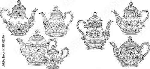 Assortment of intricately patterned teapots featuring detailed floral motifs and ornamental designs in a simple line drawing