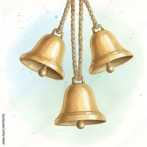 Three Golden Bells Hanging on Ropes Watercolor Style