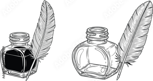 Classic quill pen and ink bottle in a hand drawn linear style, representing traditional writing instruments