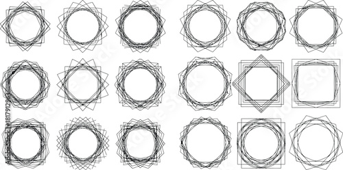 Collection of abstract geometric frames featuring overlapping circles and squares creating intricate line patterns