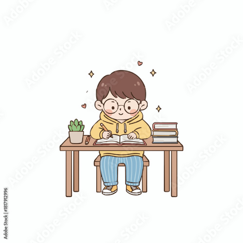 Cartoon vector illustration of a little boy student reading a book and learning at a school desk