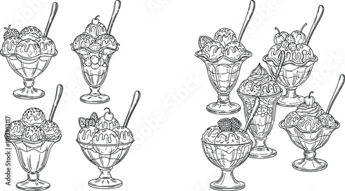 Collection of delicious ice cream sundaes with various fruit toppings and spoons in elegant dessert glasses outline