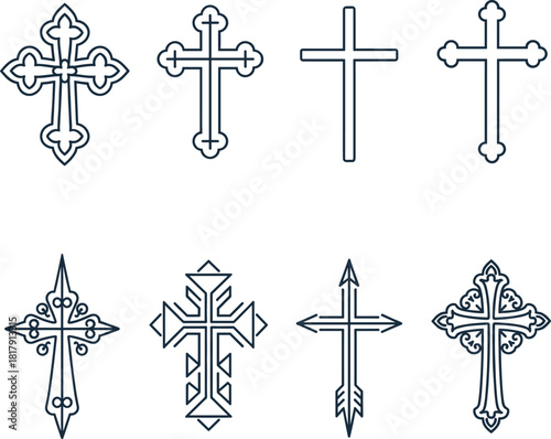 Various Decorative Christian Cross Outline Set Vector