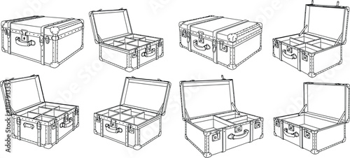 Collection of linear vector illustrations showing vintage travel trunks with compartments, some open and some closed