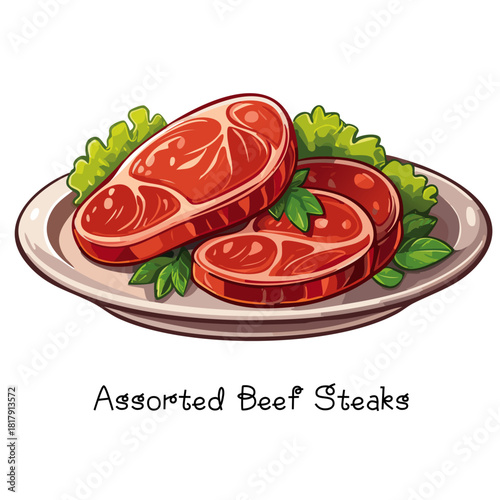 Assorted Beef Steaks on Plate – Meat Food Illustration