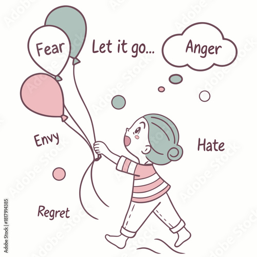 Inspirational Cartoon Illustration of Child Releasing Balloons Labeled Fear, Anger, Envy, Hate, and Regret – Motivational “Let It Go” Positive Mindset Artwork