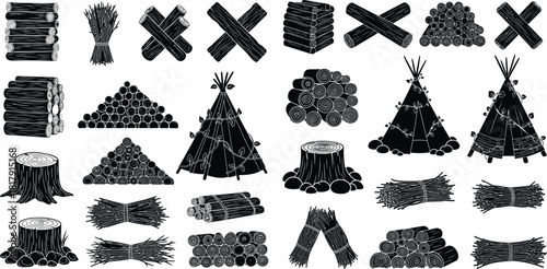 Collection of wood logs, bundles of sticks, and tree stumps, along with teepee structures, presented as outdoor camping elements