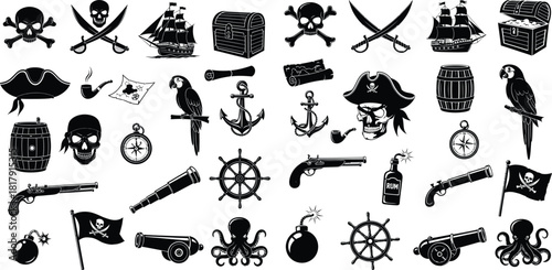 Comprehensive set of pirate adventure and treasure themed vector icons for fantasy stories and games