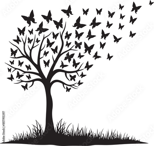 Black silhouette tree with many butterflies flying away