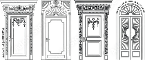 Detailed line art of various antique doors featuring elaborate architectural decorations and framed elegant entrances