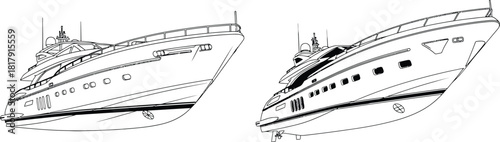 Detailed line drawing of a luxurious motor yacht or private boat sailing gracefully on the open water