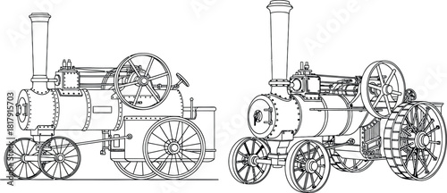 Detailed vintage steam traction engine with large wheels and tall smokestack shown in two distinct perspectives