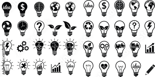 Diverse collection of light bulb icons incorporating concepts of business, ecology, science, and innovation