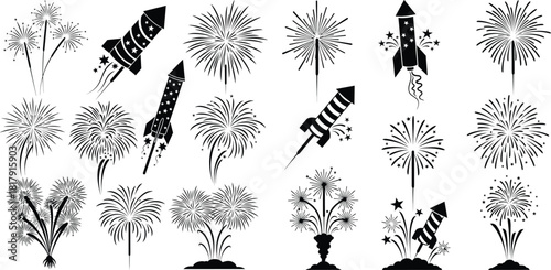 Dynamic collection of various exploding fireworks and ascending rockets for celebration and festive events
