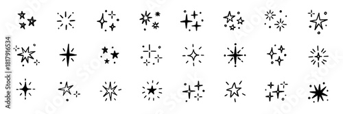 Hand drawn star spark doodle element icon set. Star shape twinkle glitter spark shine crayon grunge brush line icons. Hand drawn sketch doodle style. Light decoration background vector illustration