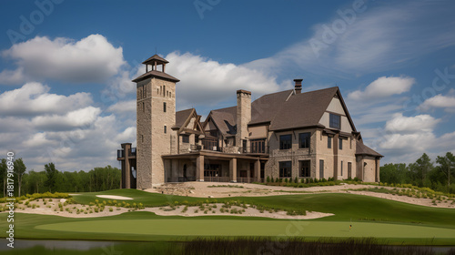 Large luxury stone building with prominent tower beside a manicured golf course green under clouds