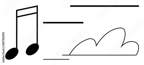 Musical note beside a cloud with clean horizontal lines suggesting movement, flow, and simplicity. Ideal for music, creativity, inspiration, calm, harmony, soft aesthetics simple flat metaphor