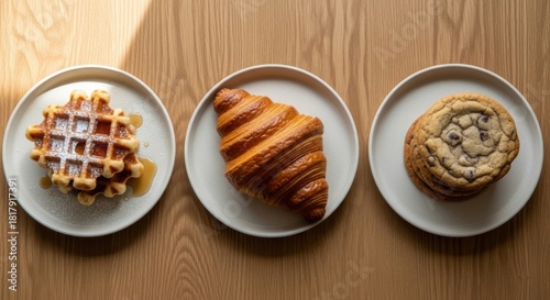 Fresh Croissant Breakfast on Wooden Table Flat Lay
