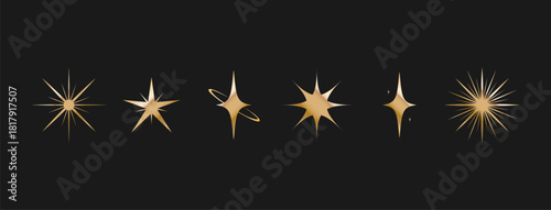 Stars shape set. Golden Twinkle star symbols. Flat Vector illustration isolated on black background.