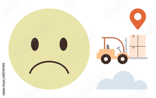 Frowning face, forklift carrying a box, location pin, and cloud representing shipping delay, logistics challenge, or delivery issues. Ideal for supply chain, e-commerce, frustration efficiency