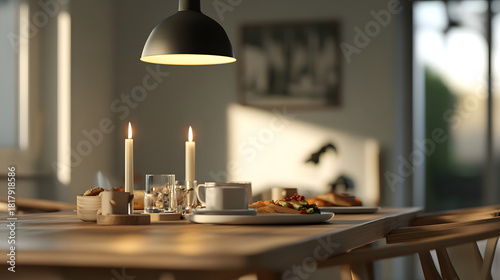 Candlelit breakfast setting on a wooden table with natural morning sunlight streaming indoors