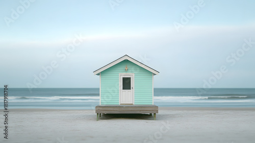 Small mint green wooden beach hut elevated on a wooden platform facing the ocean waves