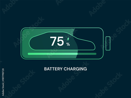 Electric Vehicle battery charging dashboard Interface with Car shape side View in Battery Storage charging vector design concept. Battery charging dashboard for ui, ev car, infographic, clean energy.
