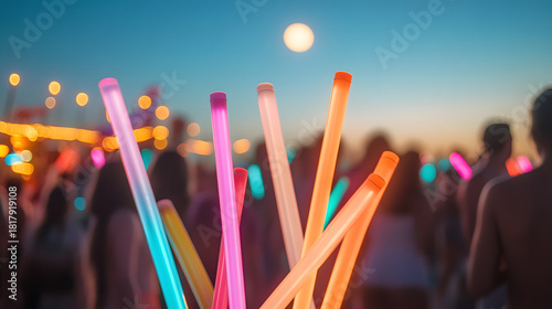 Colorful glowing light sticks held up against a blurred crowd at an outdoor twilight event with string lights overhead