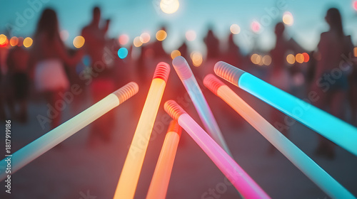 Glowing neon light sticks illuminate a blurry crowd dancing at an outdoor evening festival event