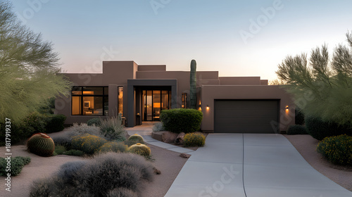 Modern desert home exterior twilight view with layered architecture and native succulent landscaping