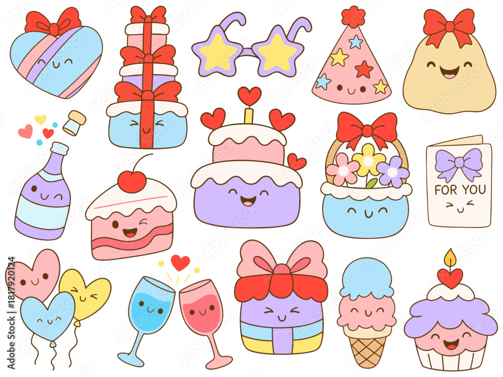 Fototapeta premium Cute party decorations and treats with cheerful expressions create festive atmosphere