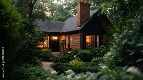 Brick cottage exterior surrounded by lush green foliage at twilight with warm interior window light
