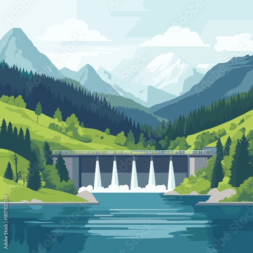Hydroelectric Dam in a Green Mountainous Valley Generating Clean Power , vector style simple color