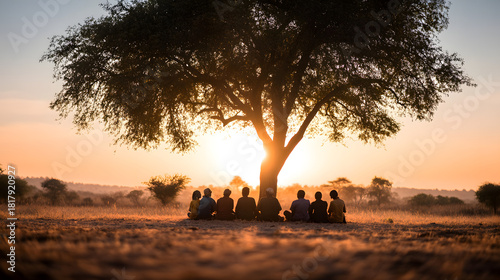 Group of people silhouetted sitting beneath a large acacia tree during a vibrant African sunset