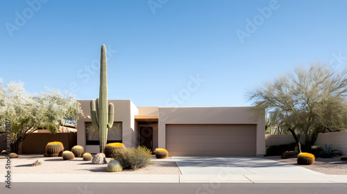 Contemporary desert home facade features a tall Saguaro cactus and numerous golden barrel cacti under a clear blue sky