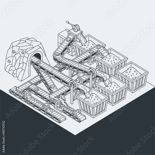 Isometric illustration of a mining operation with conveyor belts and sorting bins.