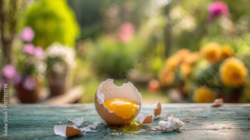 Broken egg with vibrant yolk and cracked eggshell on rustic wooden table with soft blurry garden background, fresh farm breakfast concept, natural morning light and organic food setting