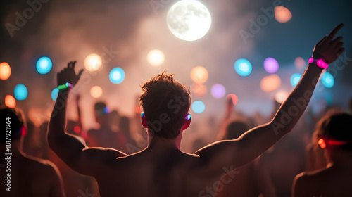 Young man with arms raised at outdoor night music festival with bright full moon overhead