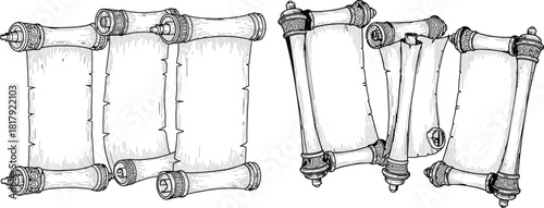 Hand drawn antique blank scrolls with decorative ends displayed in two distinct group arrangements