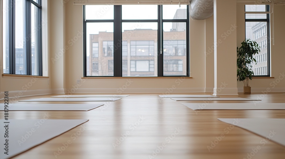 Fototapeta premium Yoga practice in spacious studio urban environment indoor setting serene atmosphere peaceful viewpoint for health