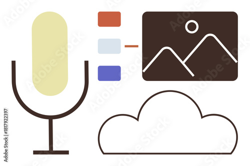 Microphone, cloud, and image illustration integrated with minimal design elements for digital collaboration. Ideal for technology, media, communication, creativity, audio content, file sharing
