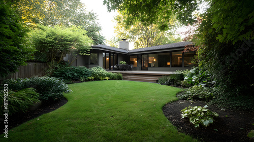 Lush backyard garden frames a modern home's exterior patio with large windows