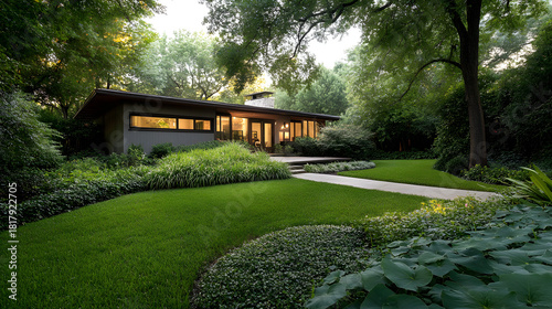 Modernist home nestled among lush green landscaping and mature trees at dusk