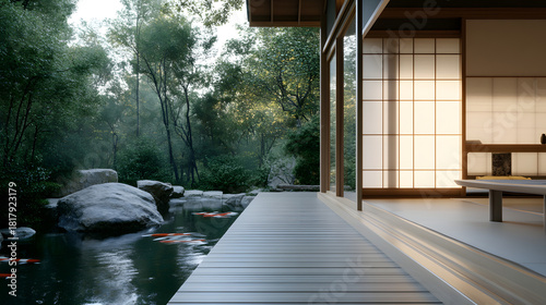 Wooden deck overlooks tranquil pond with koi fish beside traditional Japanese house interior