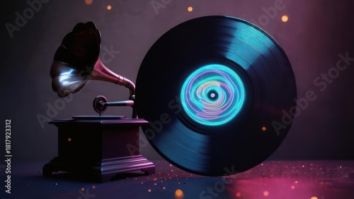 Vintage gramophone and record in vibrant neon glow
