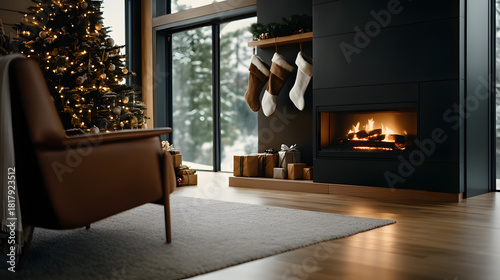 Cozy holiday interior with burning fireplace Christmas tree lights and stockings by large window
